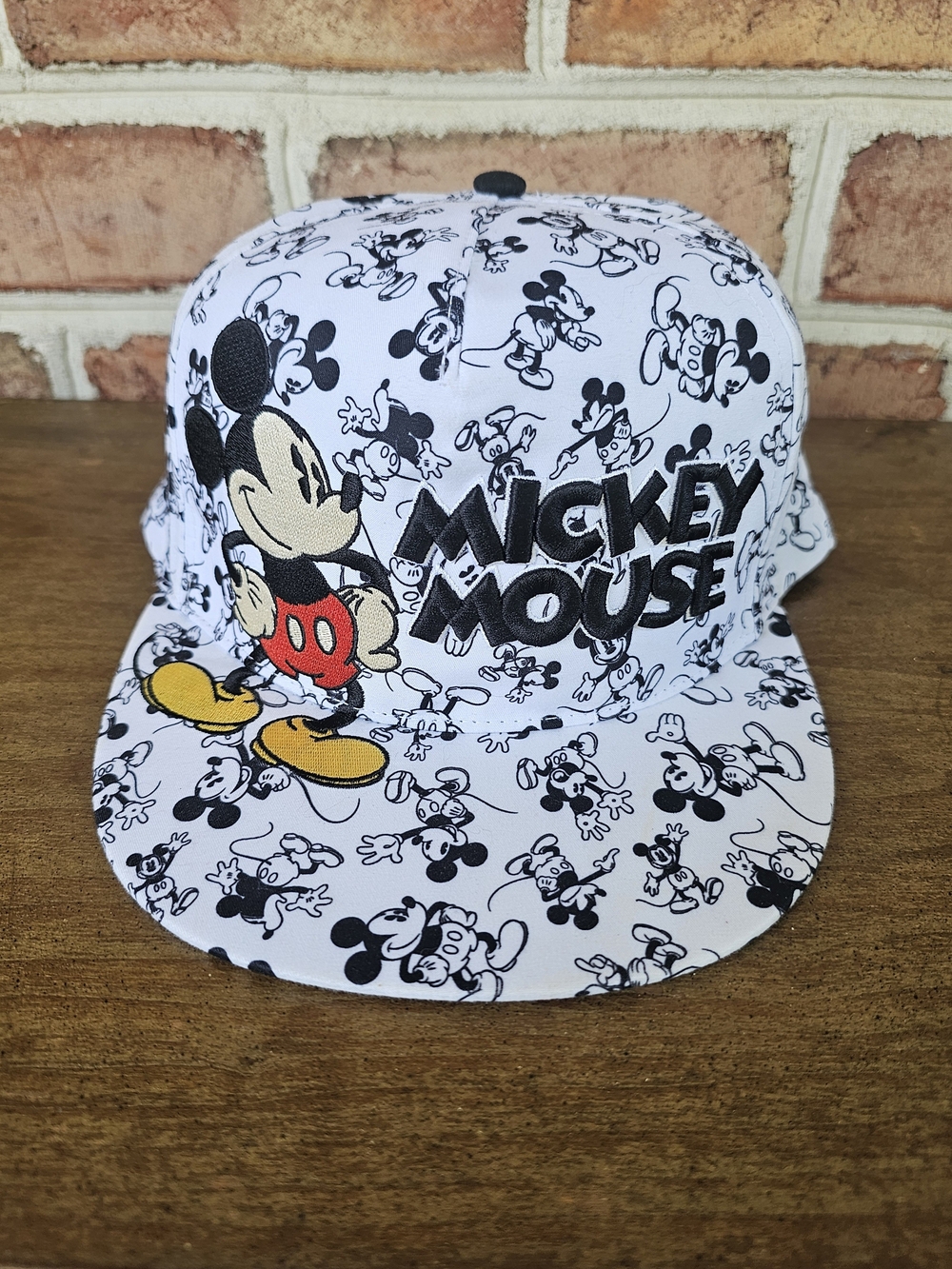 Disney Mickey Mouse White Black Snapback Hat with Red and Yellow Accents